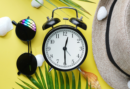 Summer Time Alarm Clock Between Flat Lay Summer Beach Accessoriesの写真素材