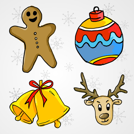 4 Christmas Ornament - Ginger Bread, Bauble, Bell and Deerのイラスト素材