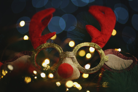 Christmas Reindeer Glasses On Fir Branch. Beautiful Lights Bokehの写真素材