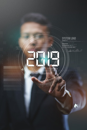 Businessman Pressing Circle HUD Hologram 2019の写真素材