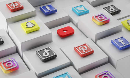 Most Popular Social Media Icon on 3D Rendering White Cubesのeditorial素材