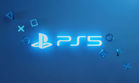 Playstation 5 Logo Glow on Blue Backgroundのeditorial素材