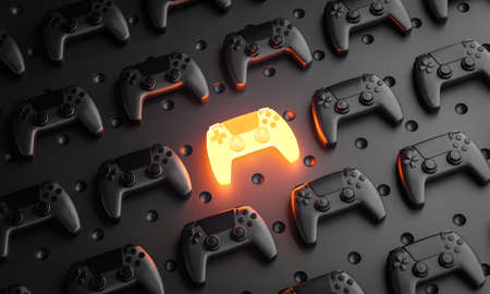 Outstanding Concept. Glowing Gamepad Between Multiple Black Joysticks Background 3D Renderingの写真素材