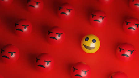 Be Happy Concept. Smile Emoji Between A Bunch of Angry Emoticons. 3D Renderingの写真素材