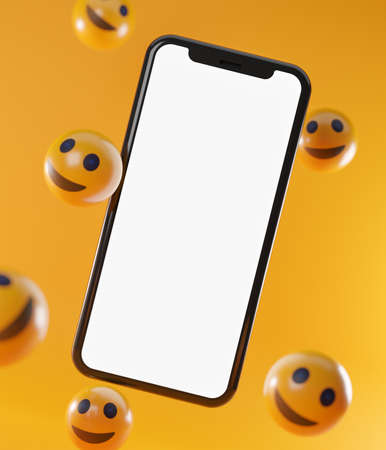 Smartphone And Smile Emoticons. Social Media Concept Background 3D Rendering MockUp