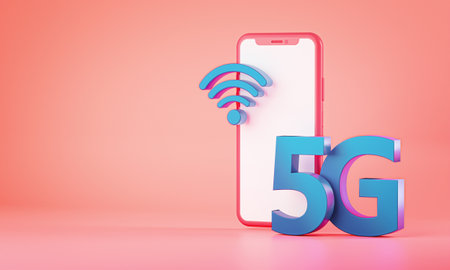 5G Phone Concept Wifi Connection on Pink Background. Copy Space 3D Renderingの写真素材