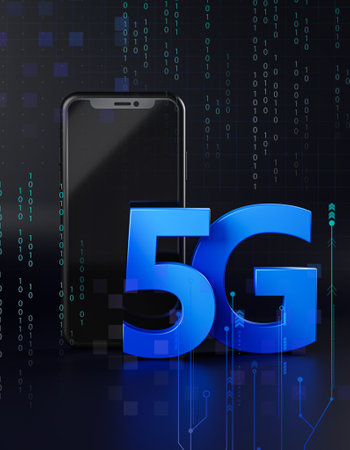 5G Concept. 3D Smartphone Hologram. Dark Background Technology