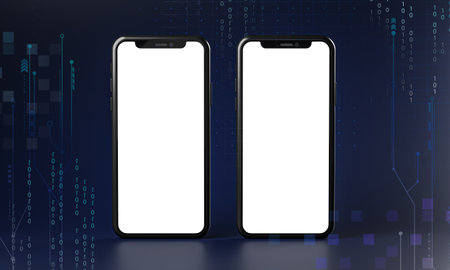 Two Smartphone Mockup Hologram. Dark Background Technology Concept Copy Space 3D Renderingの写真素材