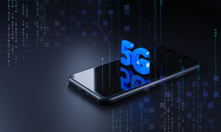 5G on Top of 3D Smartphone Hologram. Dark Background Technology Concept