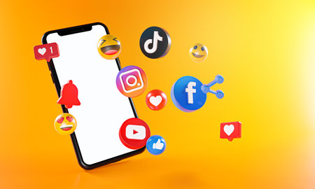 Most Popular Social Media Instagram Facebook Tiktok Youtube Icons. Phone Mockupのeditorial素材