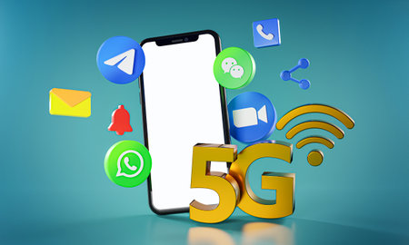5G Most Popular Communication App Zoom Telegram Whatsapp Wechat Icons. Phone Mockupのeditorial素材