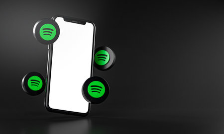 Spotify Icons Around Smartphone App Mockup 3Dのeditorial素材