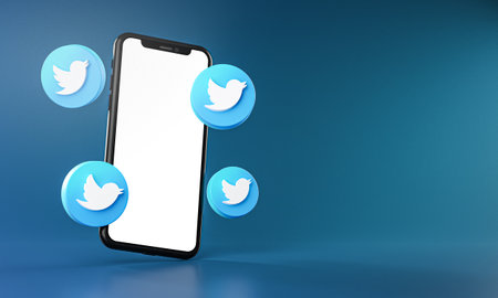 Twitter Icons Around Smartphone App Mockup 3Dのeditorial素材