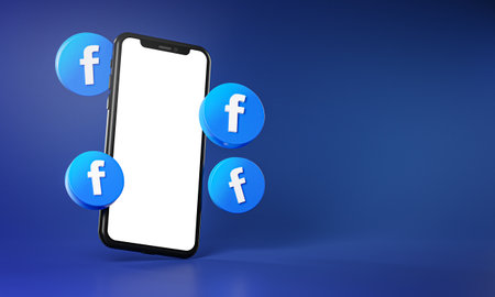 Facebook Icons Around Smartphone App Mockup 3Dのeditorial素材