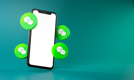 Wechat Icons Around Smartphone App Mockup 3Dのeditorial素材