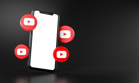 Youtube Icons Around Smartphone App Mockup 3Dのeditorial素材