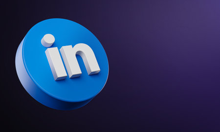 LinkedIn Circle Button Icon 3D on Dark Bakcgorund. Elegant Template Blank Spaceのeditorial素材