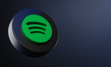 Spotify Circle Button Icon 3D on Dark Bakcgorund. Elegant Template Blank Spaceのeditorial素材