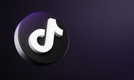 TikTok Circle Button Icon 3D on Dark Bakcgorund. Elegant Template Blank Spaceのeditorial素材