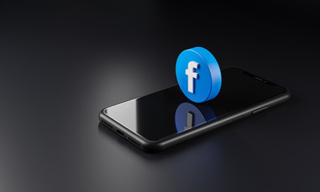 Facebook Logo Icon on Top of Smartphone 3D Dark Backgroundのeditorial素材