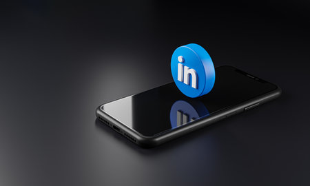 LinkedIn Logo Icon on Top of Smartphone 3D Dark Backgroundのeditorial素材