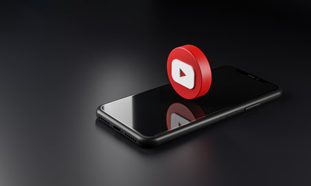 Youtube Logo Icon on Top of Smartphone 3D Dark Backgroundのeditorial素材