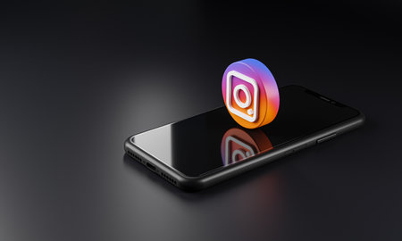Instagram Logo Icon on Top of Smartphone 3D Dark Backgroundのeditorial素材