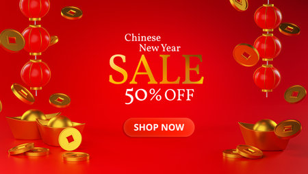 Chinese New Year Sale Banner Design. Lantern and Chinese Gold Coin Ingot 3D Renderingの写真素材