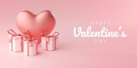 Happy Valentine's Day Banner Greeting Card Big Heart Shape and Gift Box 3D Renderingの写真素材