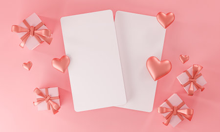 Two Card Mockup Template Valentine Wedding Love Heart Shape and Gift Box Top View 3D Renderingの写真素材