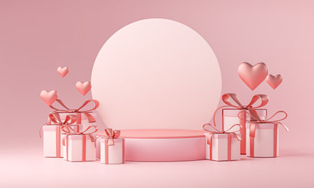 Stage Mockup Template Valentine Wedding Love Heart Shape and Gift Box 3D Renderingの写真素材