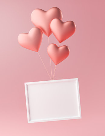 Photo Frame Flying With Love Heart Ballon Mockup Template 3D Renderingの写真素材
