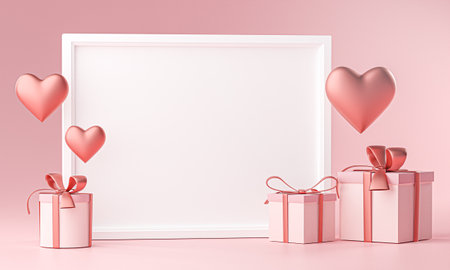 Photo Frame Mockup Template Love Heart Ballon and Gift Box 3D Renderingの写真素材