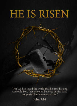 He is Risen. Easter Poster Design Jesus Christ Crown of Thorns Nails and Hammer Symbol of Resurrection 3D Renderingの写真素材
