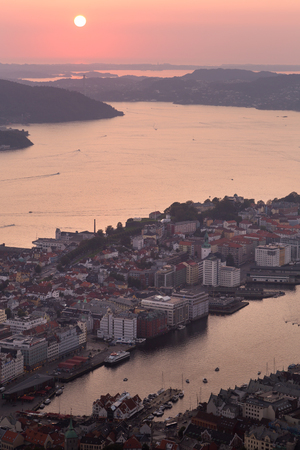 Panoramic view of Bergen in Norway in the eveningの写真素材