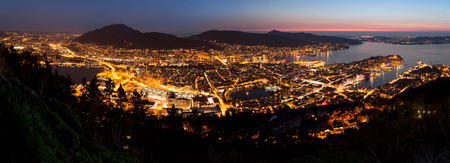 Panoramic view of Bergen (Norway) at nightの写真素材