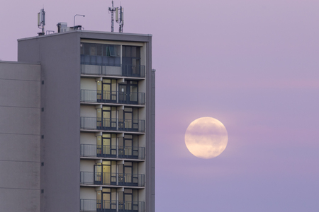 Full moon next to a highrise during dawnの写真素材