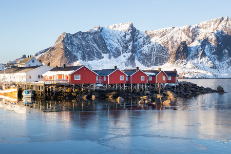 Little fishing village Hamnoy and Sakrisoy on Lofoten (Norway) seen during a beautiful sunrise in winterのeditorial素材