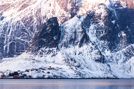 Little fishing village Hamnoy and Sakrisoy on Lofoten (Norway) seen during a beautiful sunrise in winterの写真素材