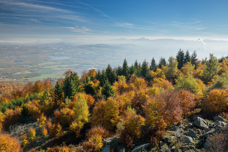View to Bohemia over the mountain range of the Ore Mountains in Czech Republic in autumnの写真素材