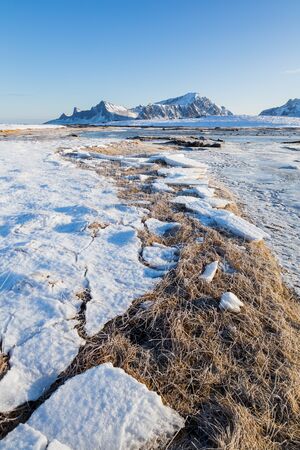 Beautiful winter landscape on Lofoten islands at a sunny dayの写真素材