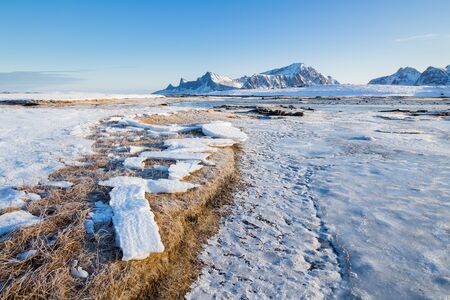 Beautiful winter landscape on Lofoten islands at a sunny dayの写真素材
