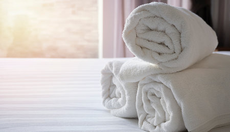 White towels on bed decoration in bedroom or hotel room. Interior with vintage light Filterの写真素材