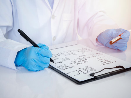 Young scientists with test tube and  making research in clinical laboratory and taking notes. science, chemistry, technology, biology and people conceptの写真素材