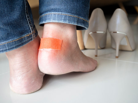 Woman having pain after wearing high heeled tight shoes. Female using bactericidal medical adhesive plaster. Foot skin care, prevention of corns and calluses.の写真素材