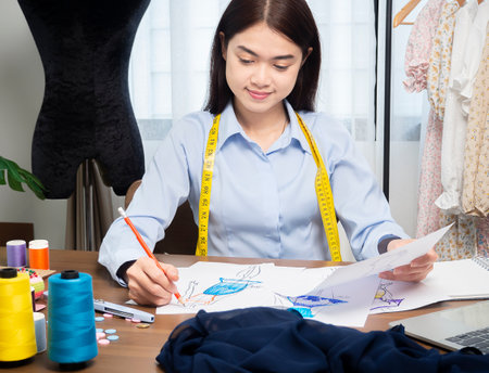 Asian clothing designers are drawings sketches textile fabric material costume. Creating a new collection of clothes, Creation of the work of the designer.の写真素材