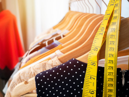 Lots of clothes and measure tape on hangers, hanging in the clothes rack. Service for customers. Concept Profession Dressmaker designerの写真素材