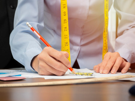 Closeup of attractive female fashion designer hand working in home office workshop. Stylish fashionista woman creating new cloth design collection. Tailoring and sewing People lifestyle and occupationの写真素材