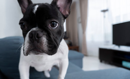 Cute black and white french bulldog sits and looks straight in the camera on the sofa in the livingroom.の写真素材