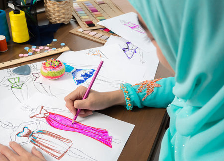 Cropped image of Muslim woman professional fashion designer drawing a new clothes model according to the Asian tradition. Concept: fashion, design, mode, styleの写真素材
